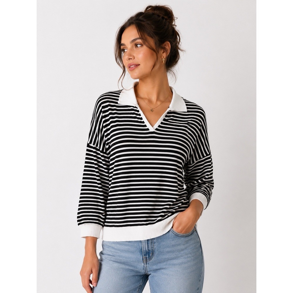 LNA Black White Striped Collared Knit Pullover Sweater Women's Size M